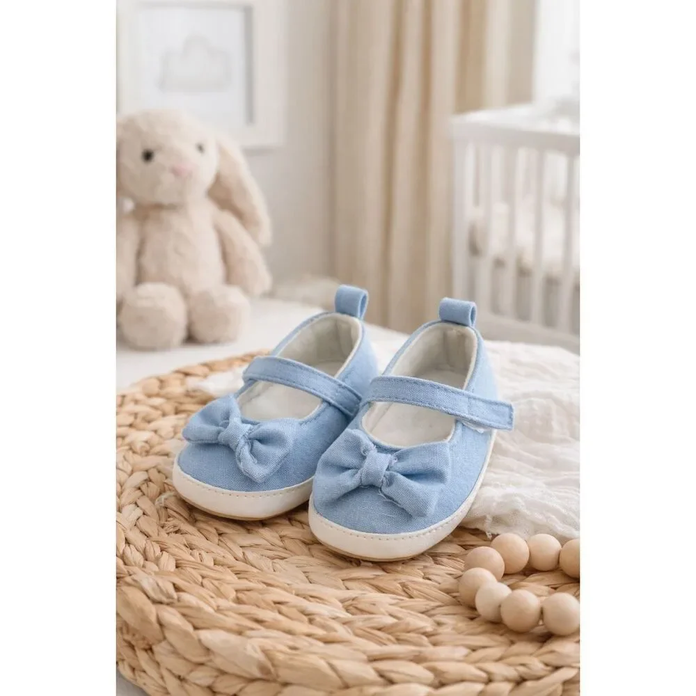 Carter’s Baby Girl Blue Bow Mary Jane Crib Shoes Soft Sole Newborn 0-3M